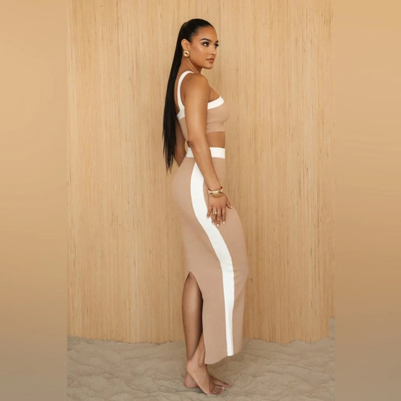 JLUXLABEL Tan White Ribbed Knit Fall Midi Skirt Split Back S - Picture 3 of 10